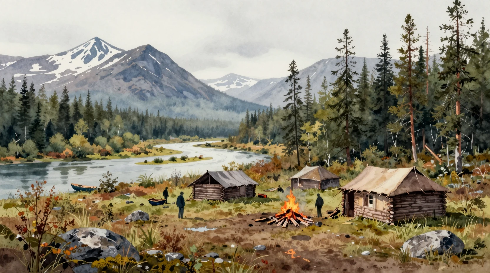 A Siberian taiga camp with round tents, firewood, and a river