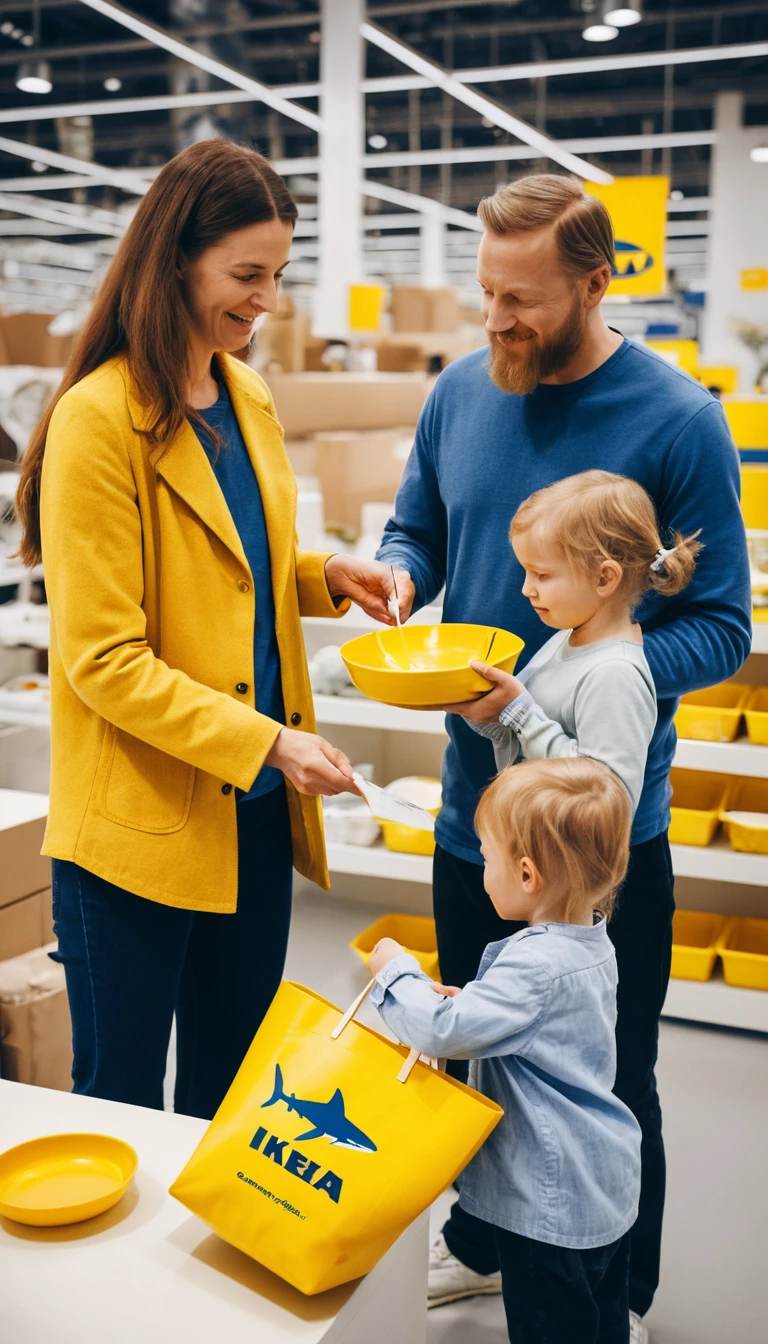 Una familia prehistórica elige platos en una tienda IKEA