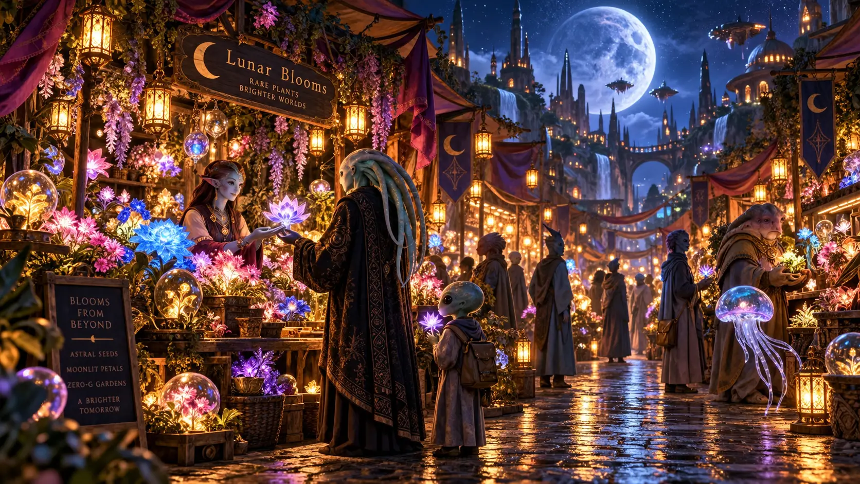 月光下的花市在夜色中綻放，異國花卉熠熠生輝