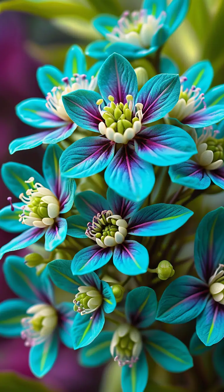 Un fiore ramificato ricoperto di fiori a spirale turchesi e viola