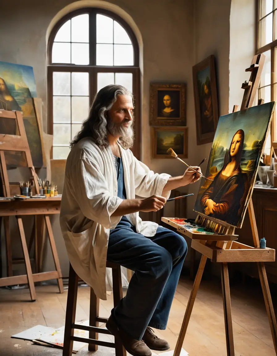 Leonardo da Vinci Paints the Mona Lisa in His Renaissance Studio