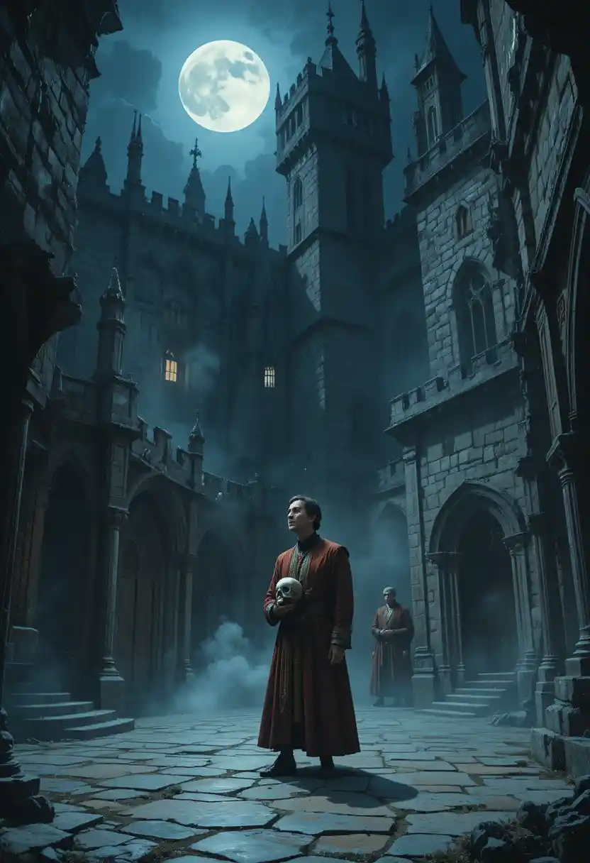 Hamlet contempla una calavera a solas en el patio de un castillo iluminado por la luna