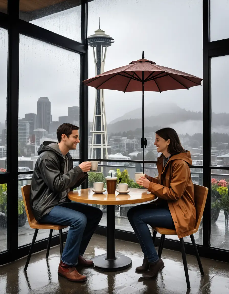 Una pareja comparte un café en una cafetería de Seattle durante una tarde lluviosa