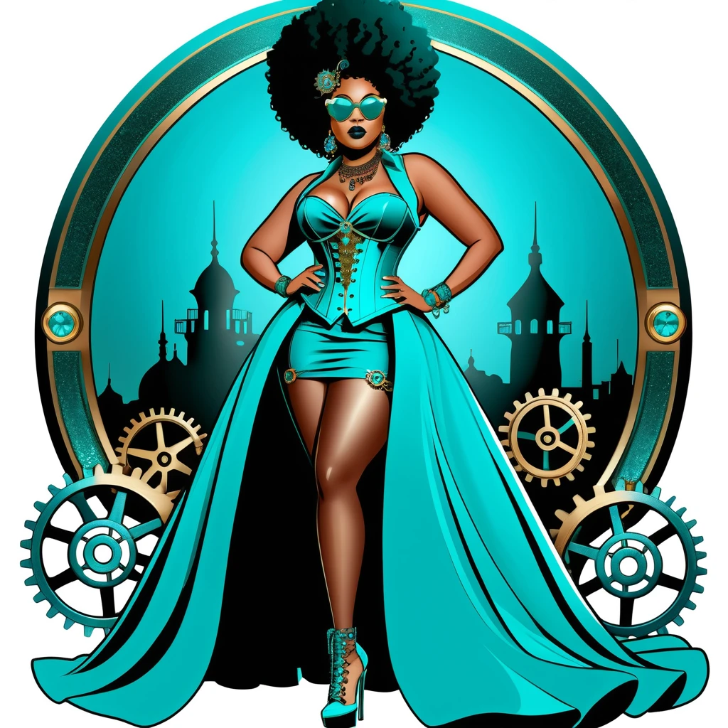 Confident woman with a turquoise afro in a steampunk sticker illustration