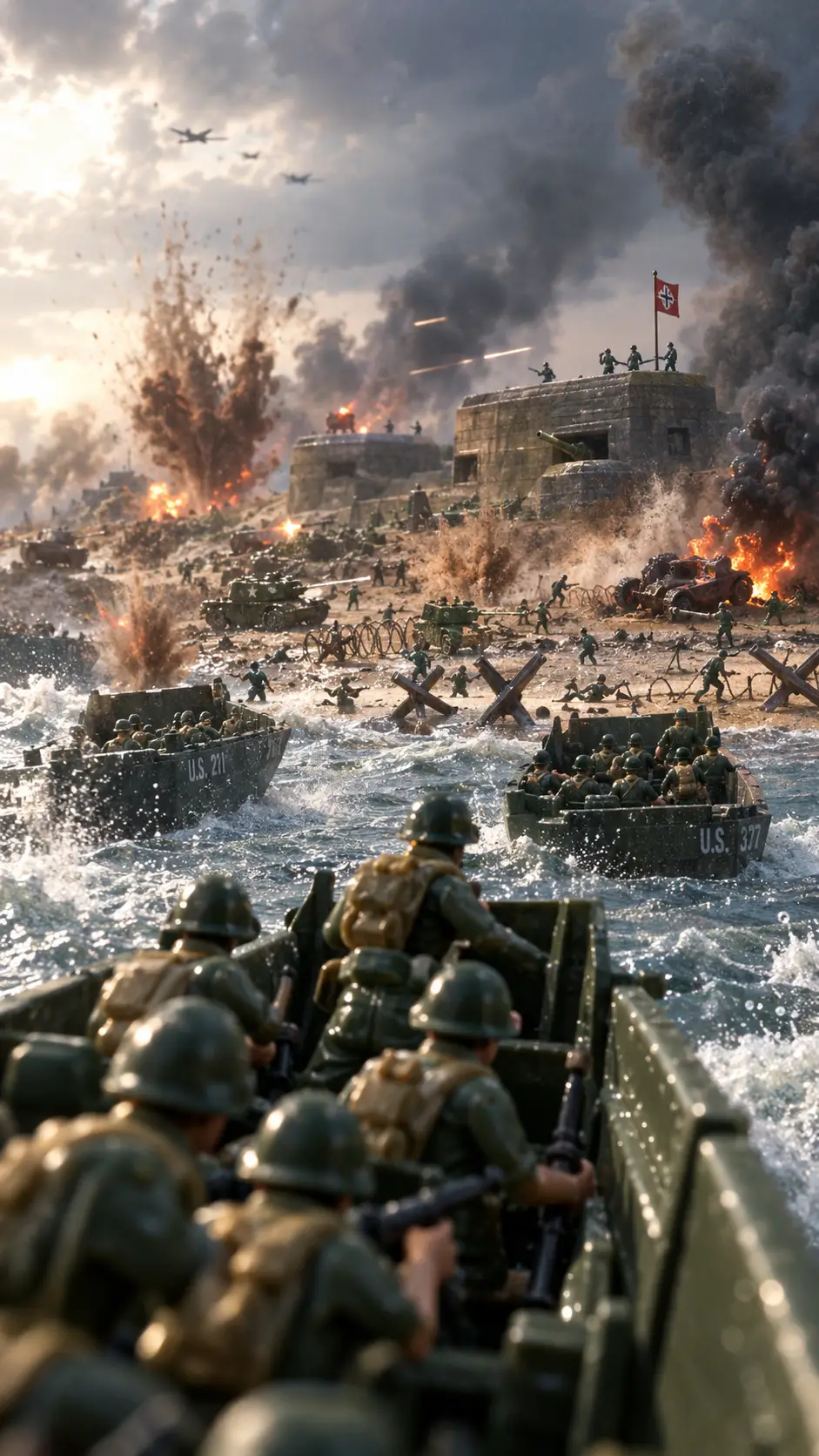 Plastic toy soldiers advance toward a defended Normandy beach