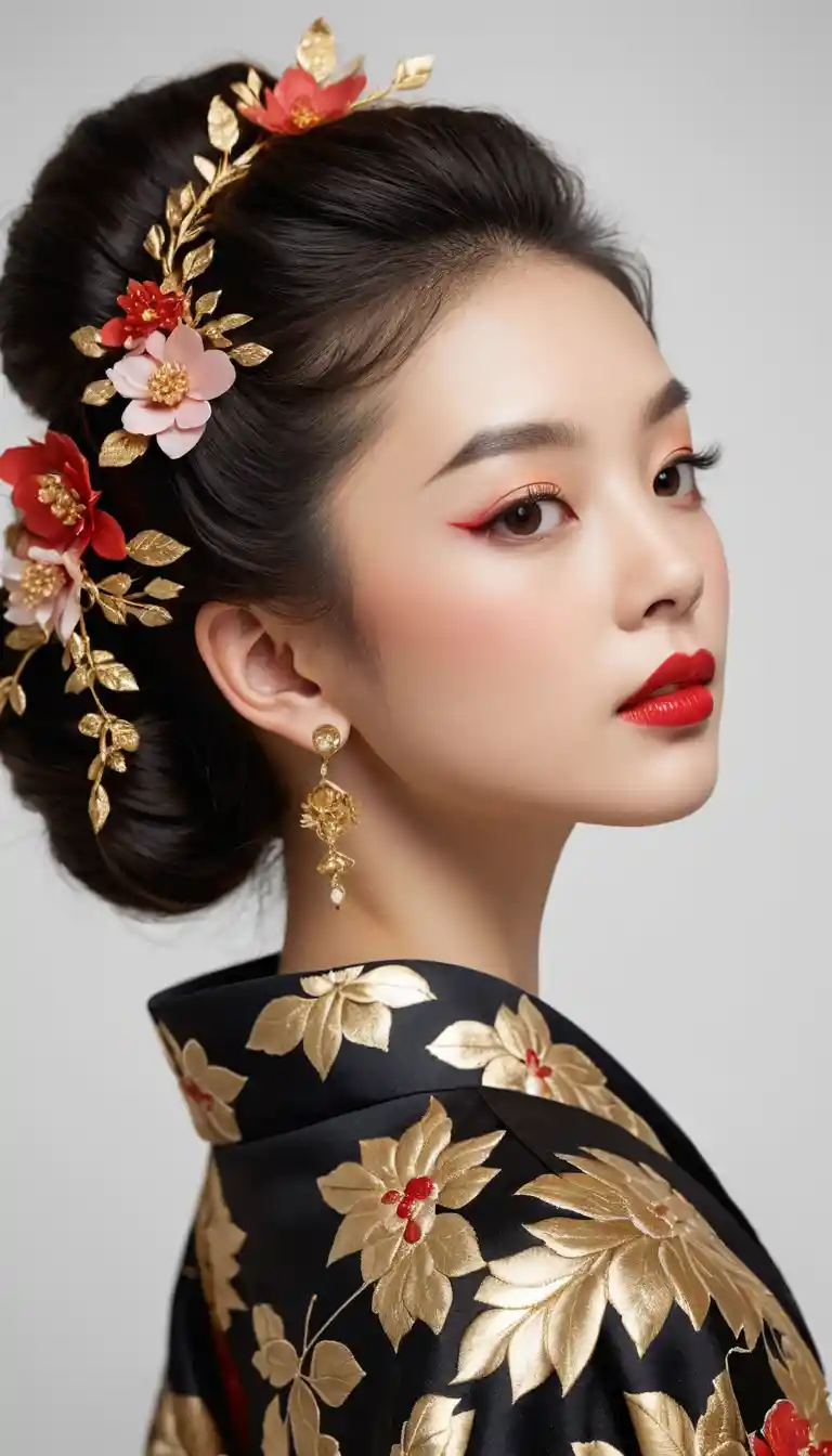 Young woman in a gold patterned kimono seen from behind