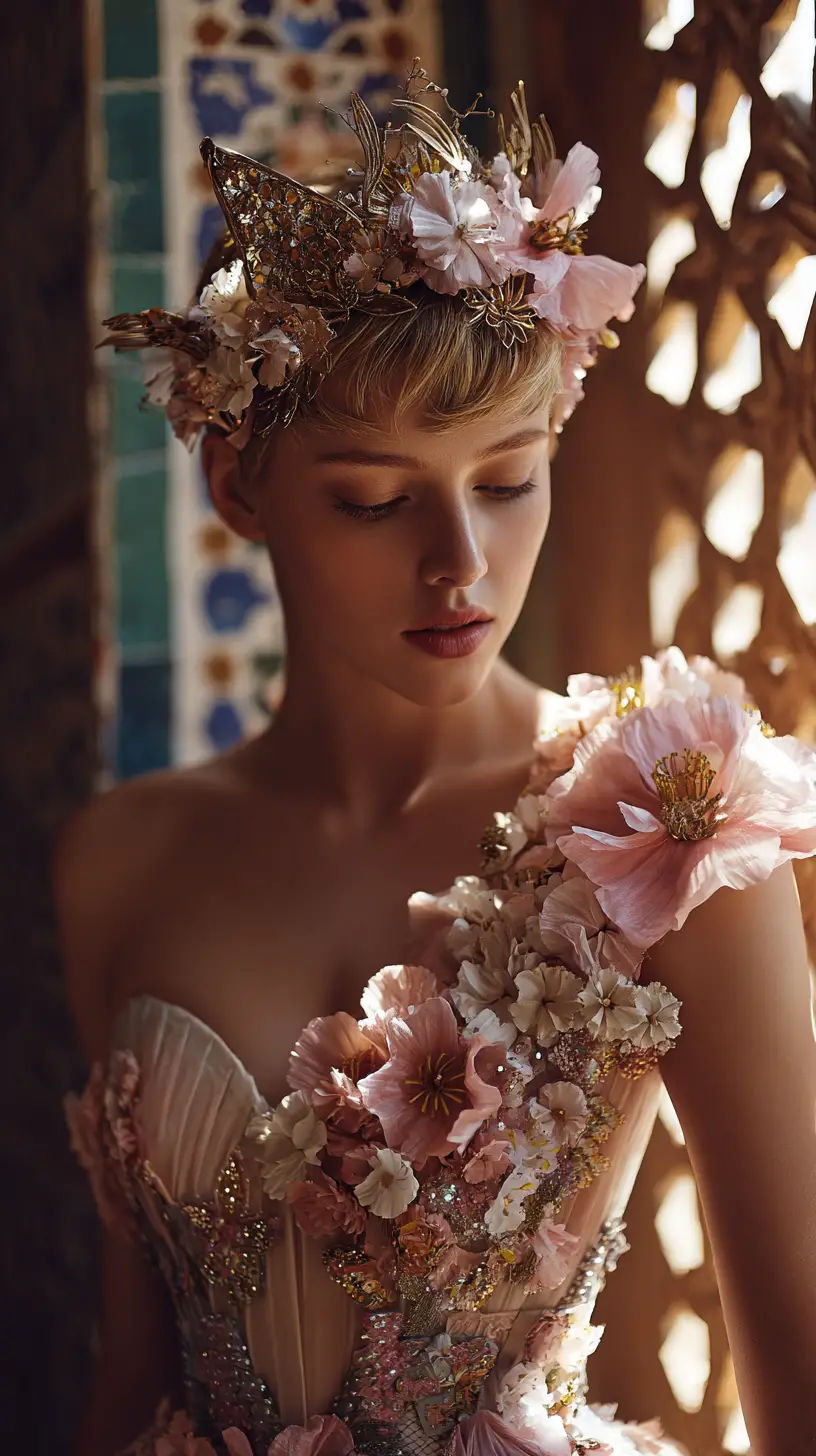 A Woman in a Floral Couture Gown in an Ancient Palace
