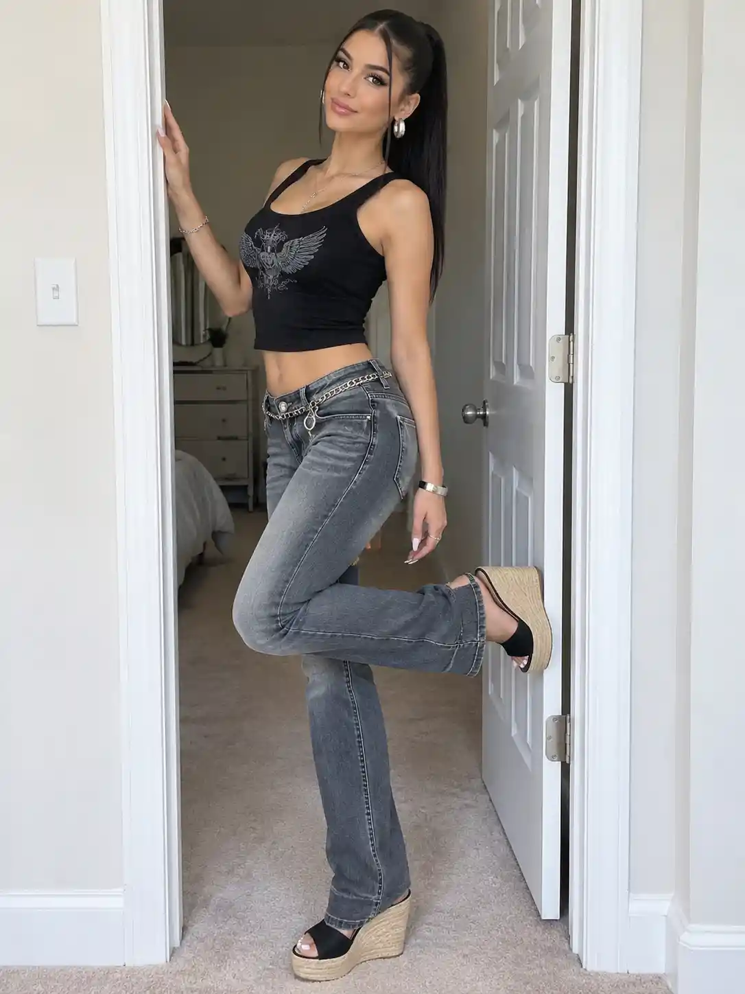 A young woman poses in a doorway wearing denim and wedge sandals