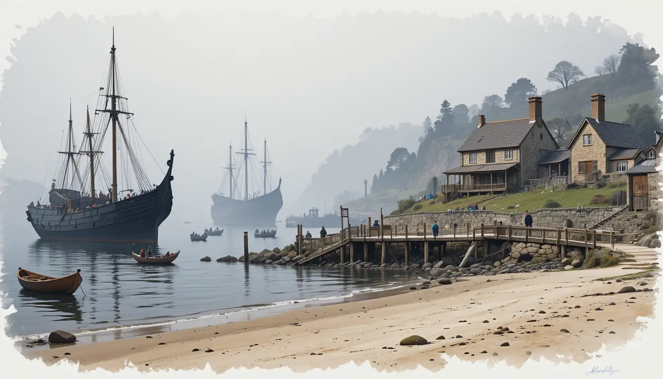 Un tranquilo pueblo costero enmarcado por barcos junto a la orilla brumosa