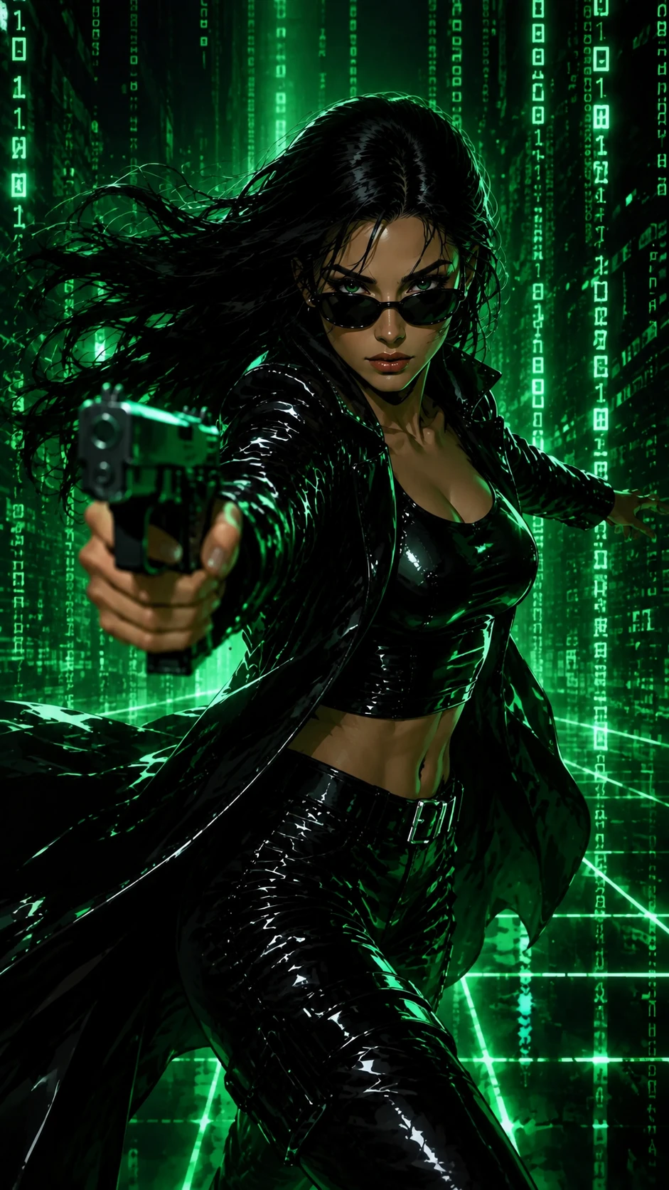 A young woman with dark hair in the Matrix