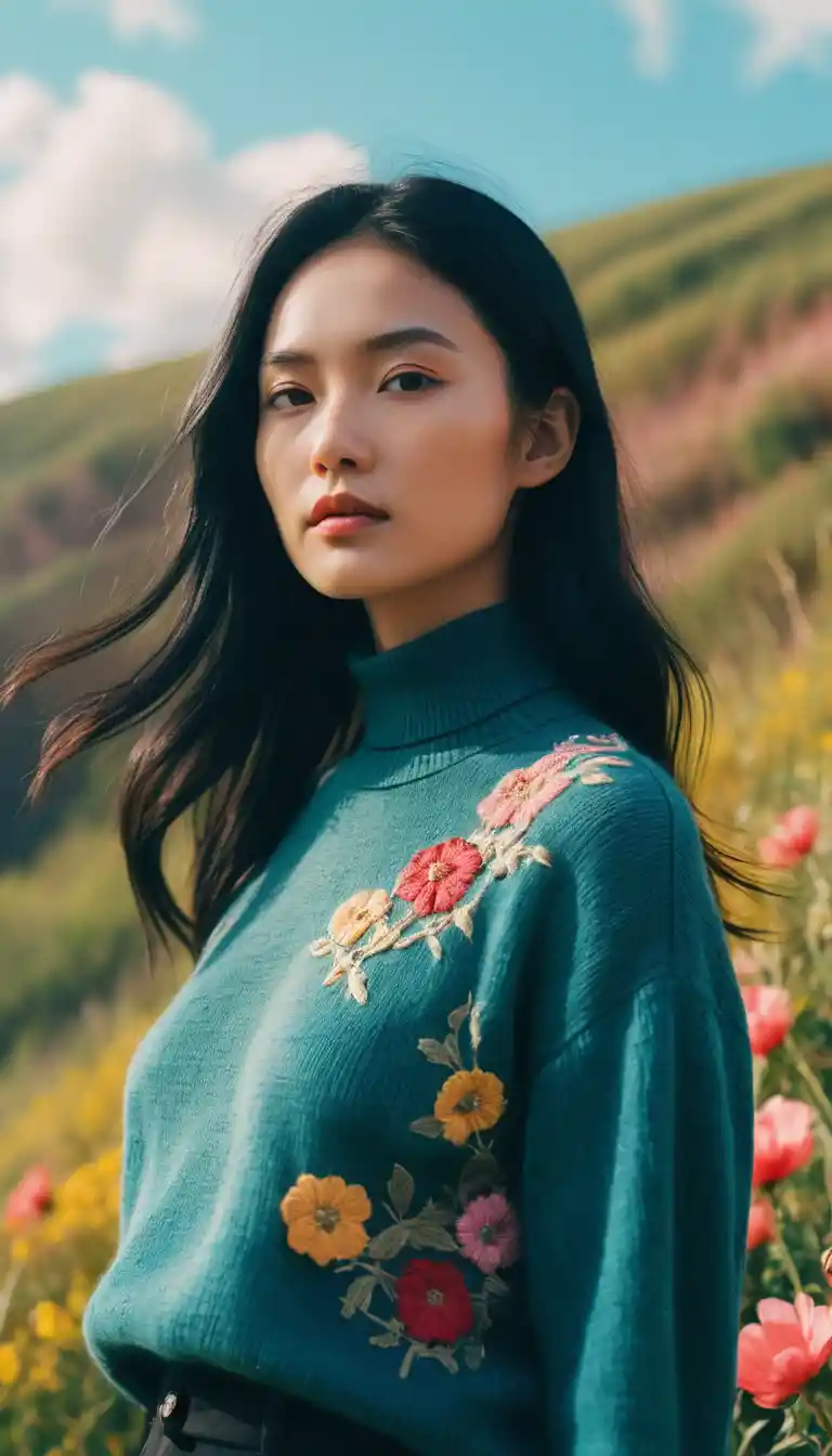 A young East Asian woman stands on a rolling hillside beneath a teal sky