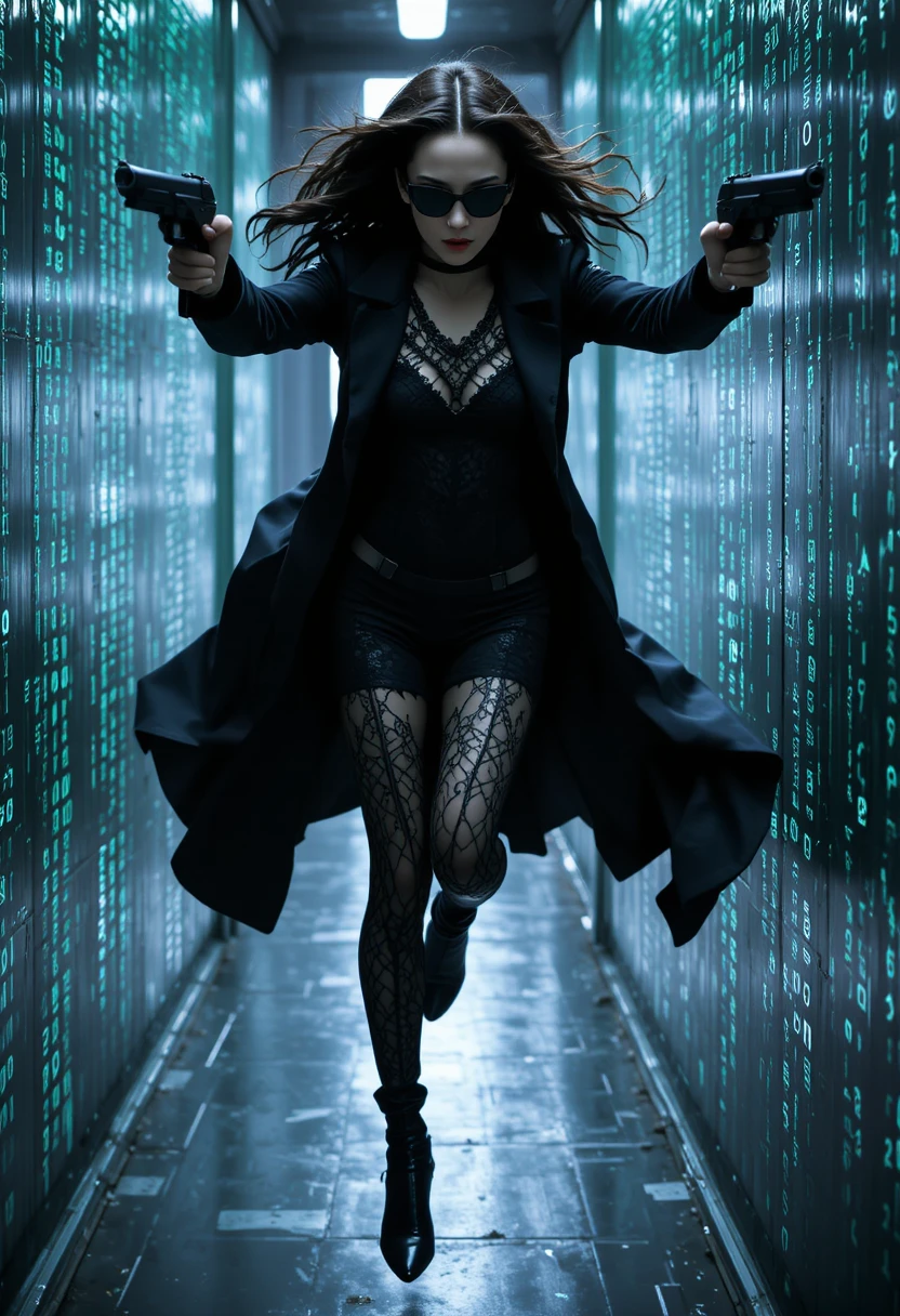 Trinity runs horizontally along a wall covered in code