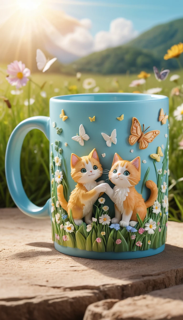 Zwei Kätzchen spielen mit Schmetterlingen auf einer Wiese – auf einer Tasse mit Reliefdekor