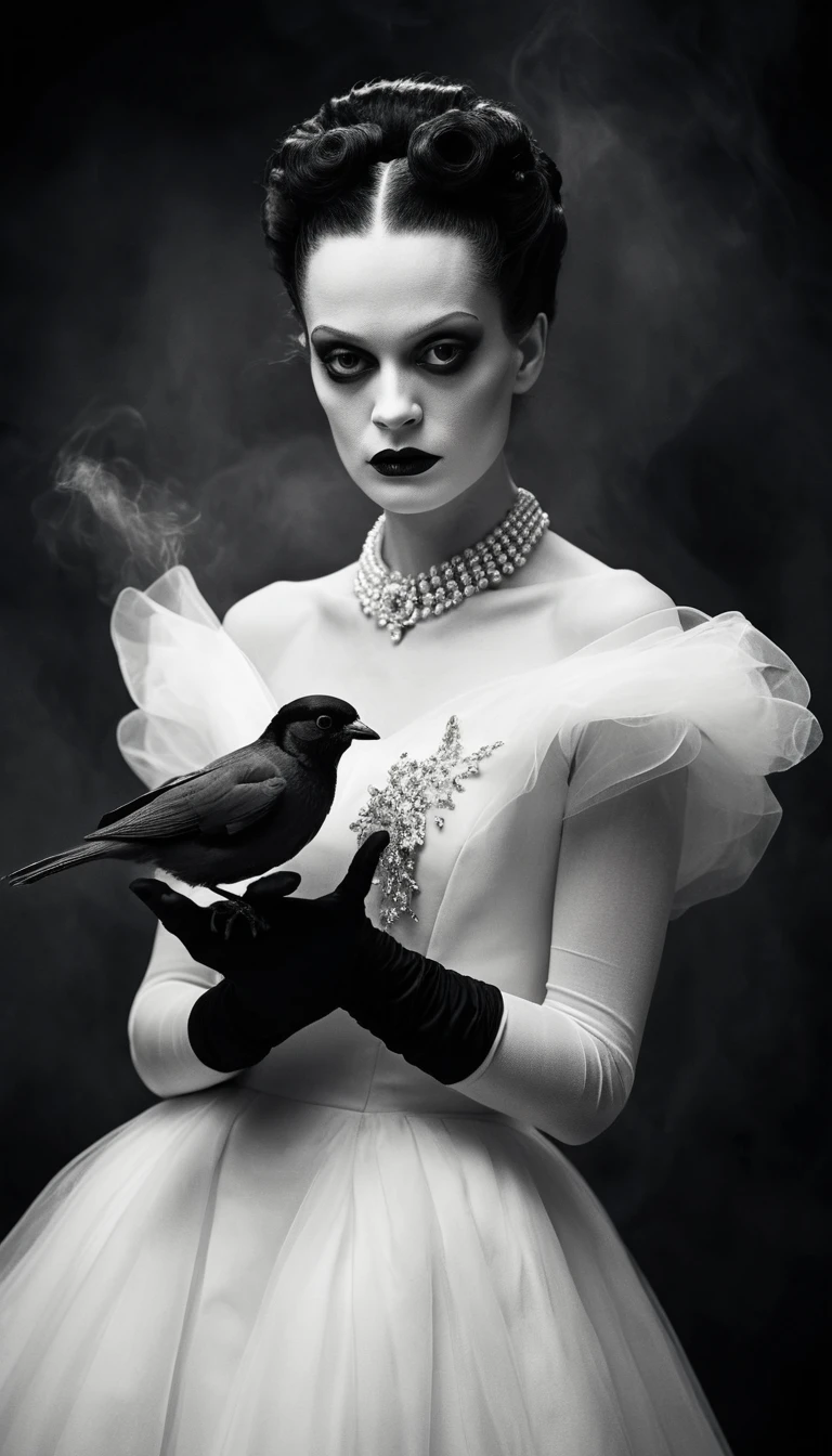 A Pale Young Woman Poses With a Black Bird Above Her Gloved Hand