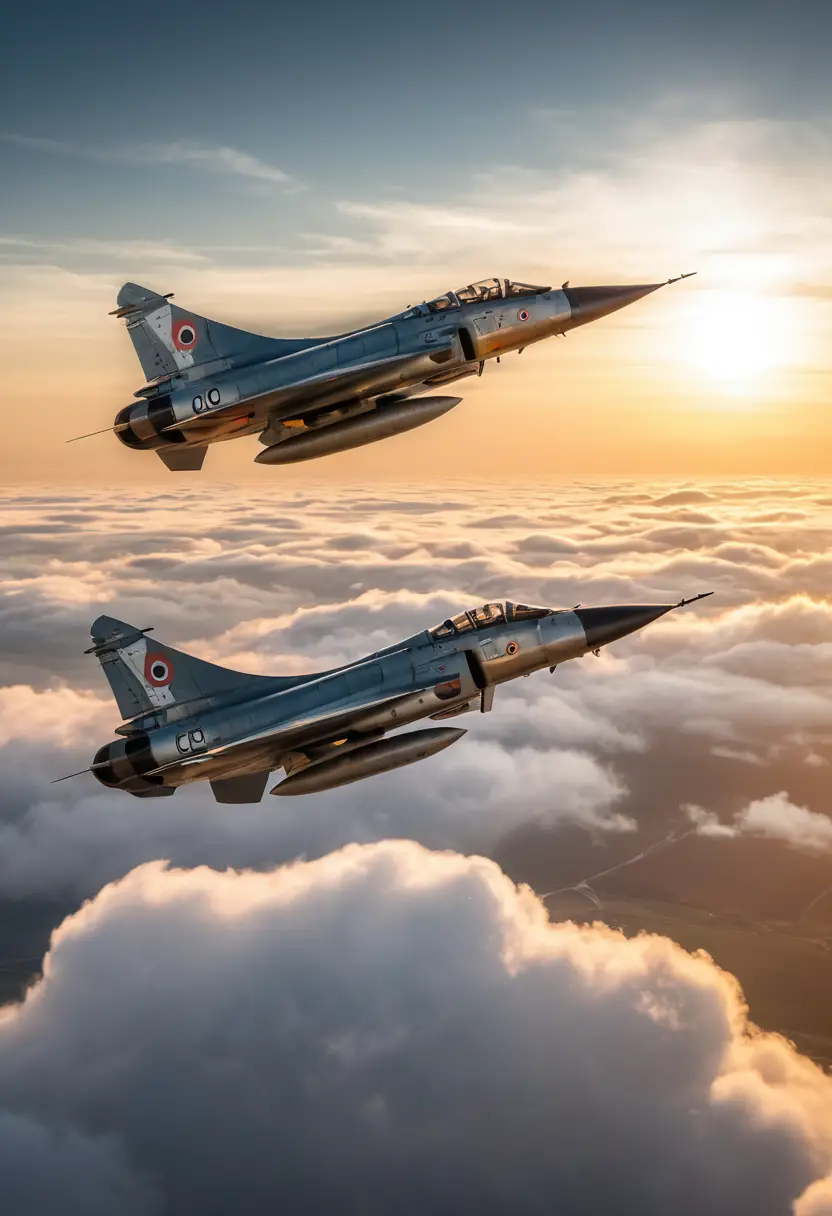 Dos cazas Mirage III surcan el cielo sobre las nubes durante la hora dorada