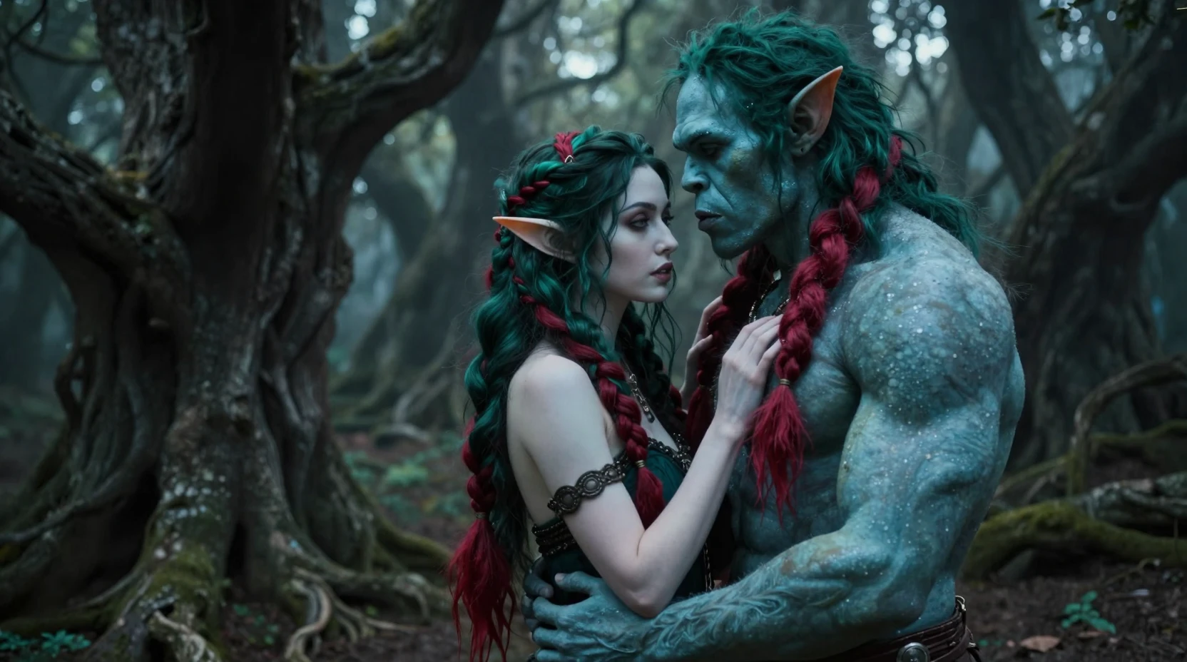Una doncella elfa y su amante orco se abrazan bajo los árboles de un bosque ancestral