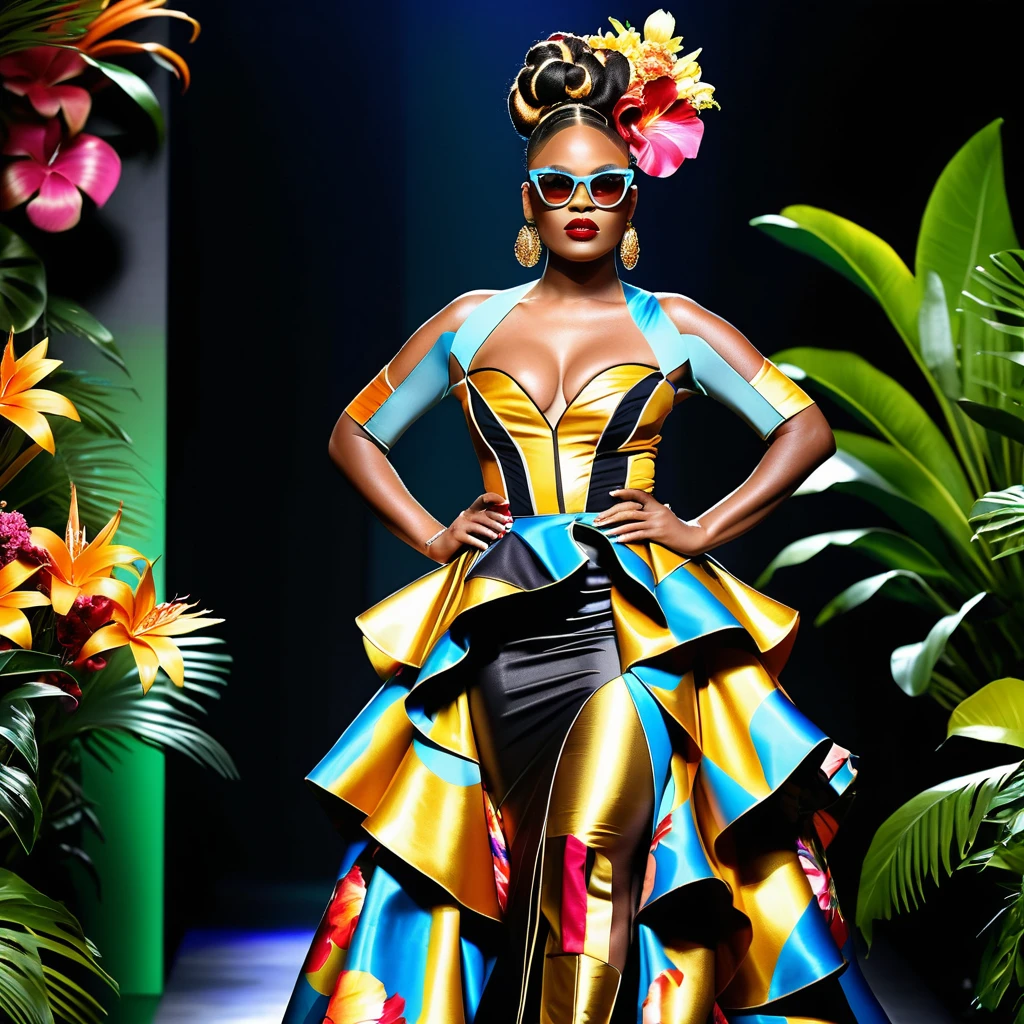 Uma modelo negra desfila por uma passarela florida com um vestido de alta-costura em camadas