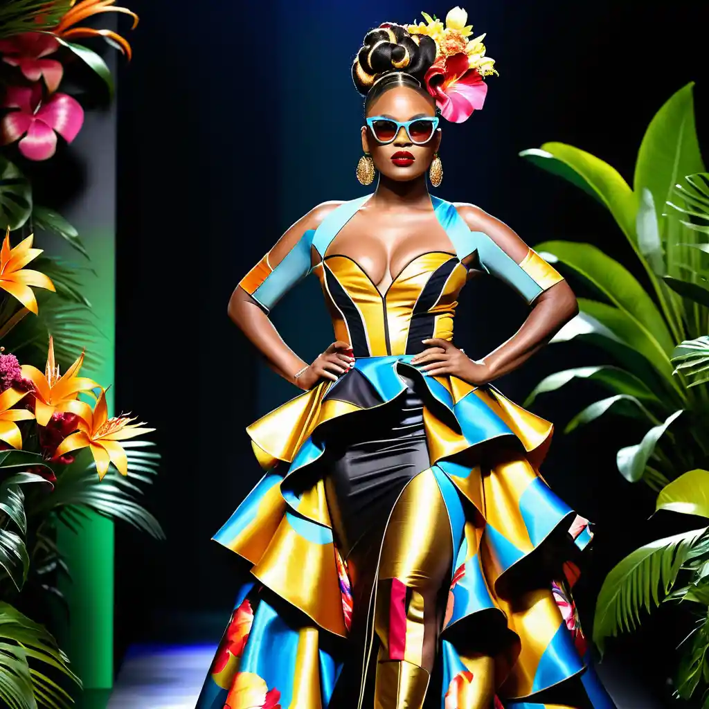 Uma modelo negra desfila por uma passarela florida com um vestido de alta-costura em camadas