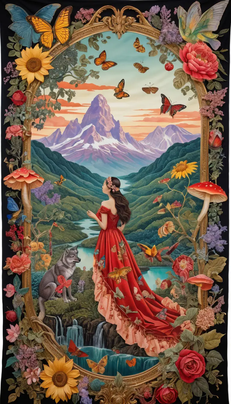 Un arazzo-collage surreale con romantici motivi botanici