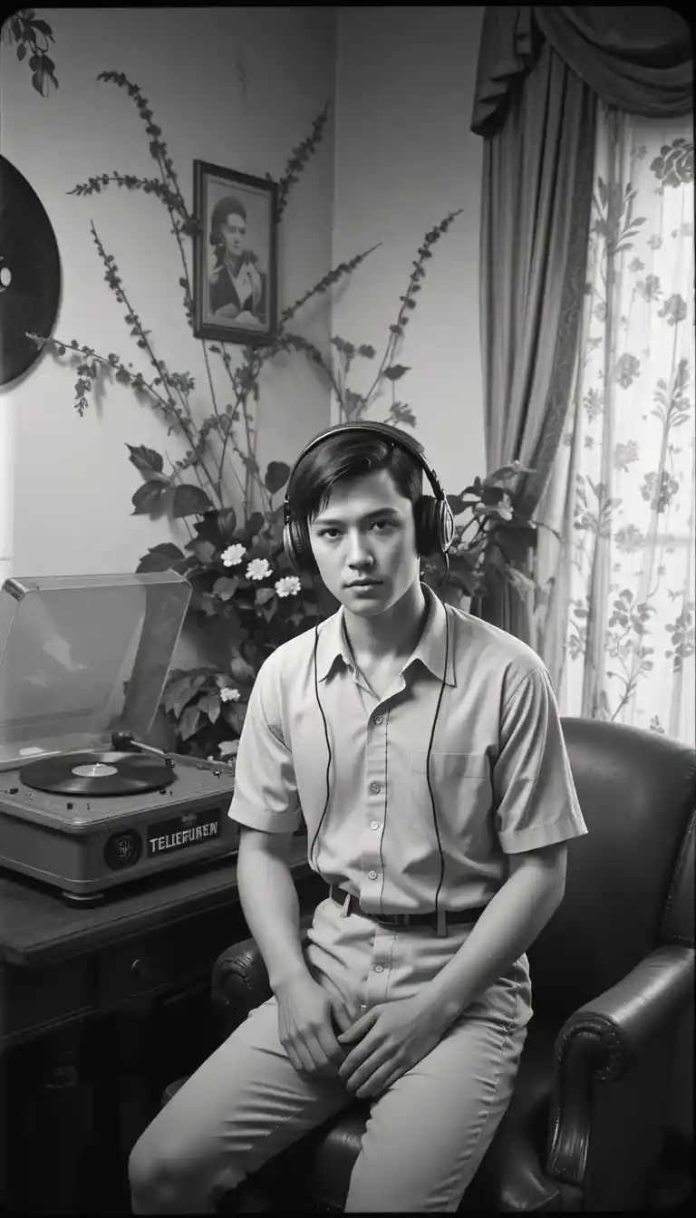 Un joven junto a un tocadiscos antiguo en un interior monocromático