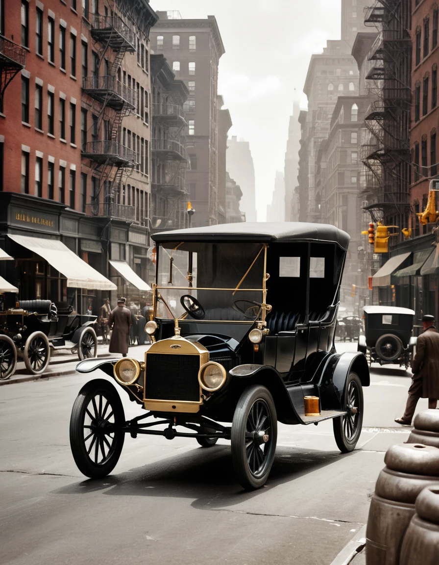 A black Model T drives through a bustling early twentieth-century New York street