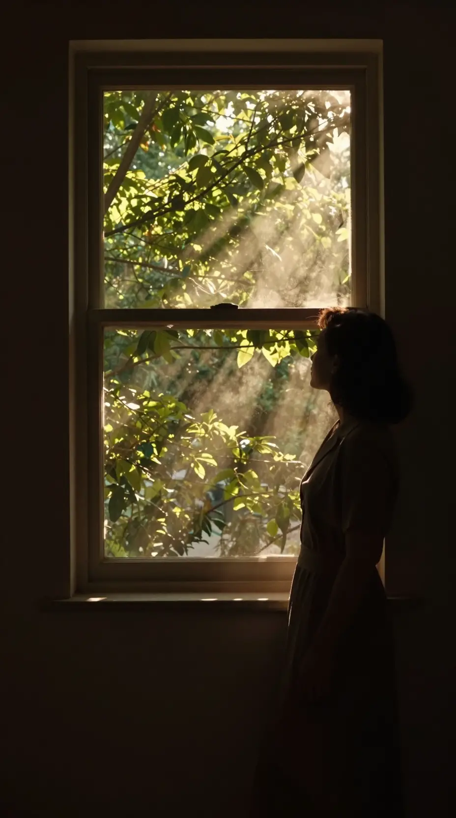 La luce dorata del sole illumina gli alberi verdi oltre la finestra di un interno tranquillo