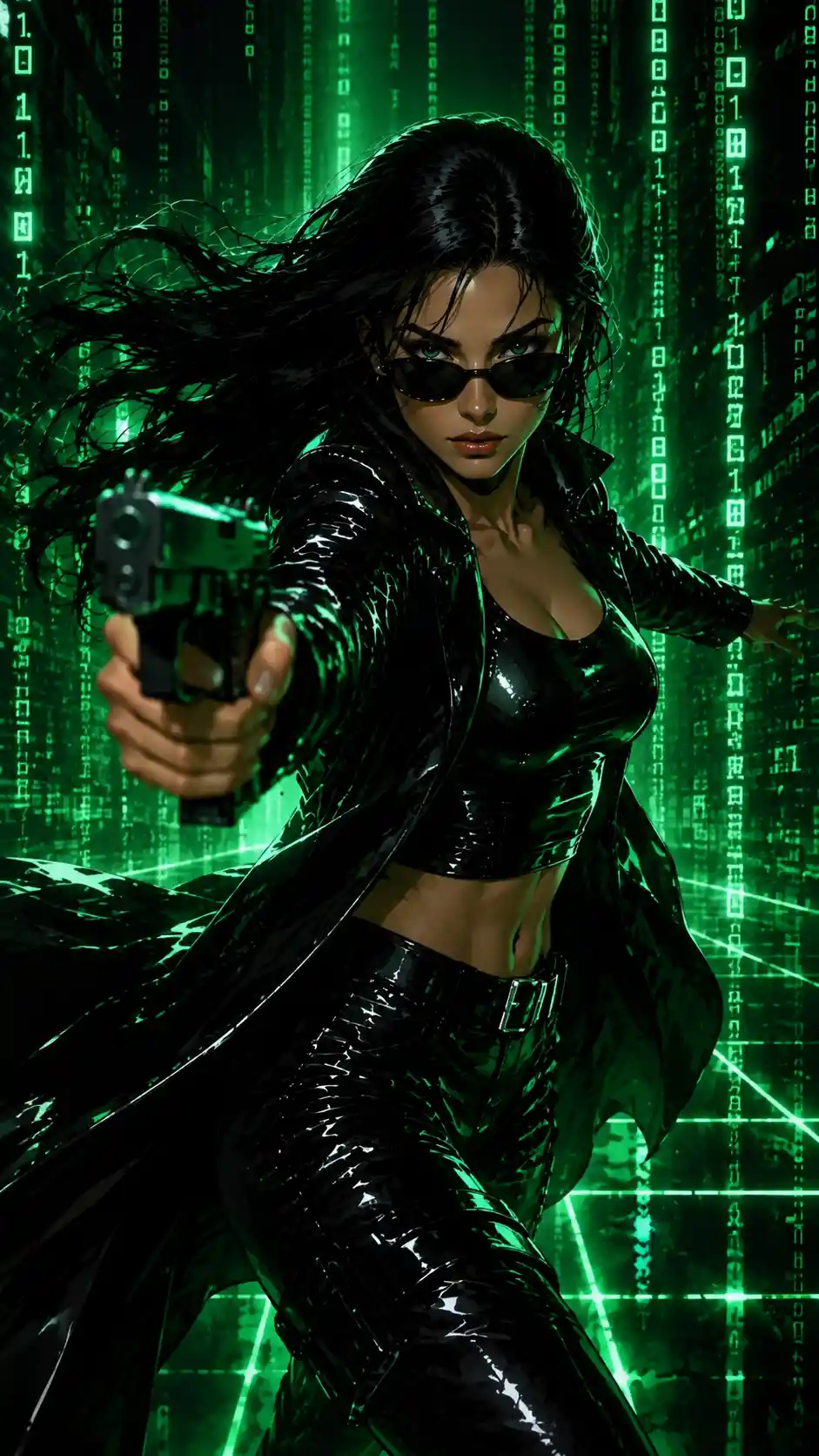 A young woman with dark hair in the Matrix