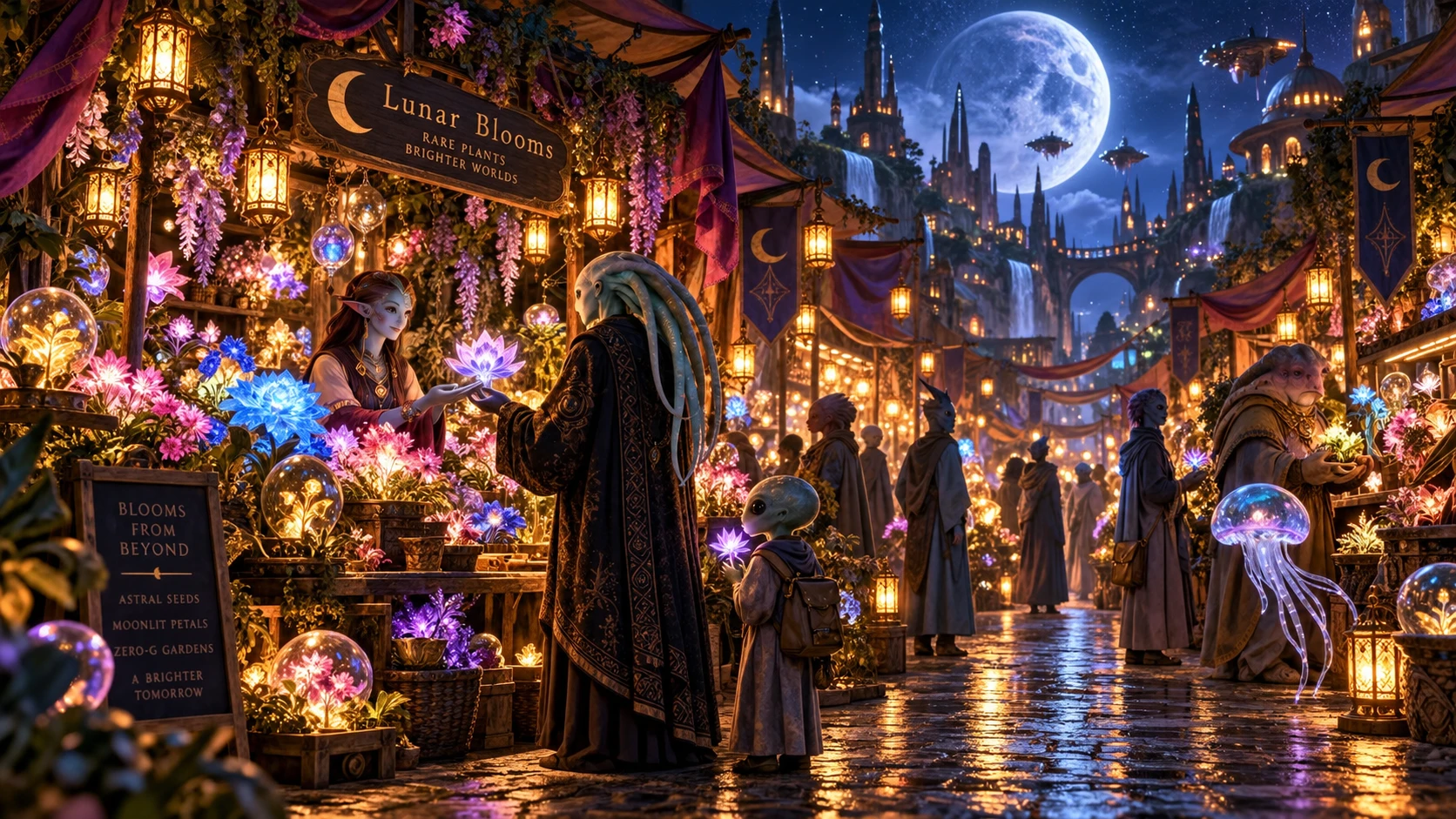 A moonlit flower market glows with exotic blooms after dark