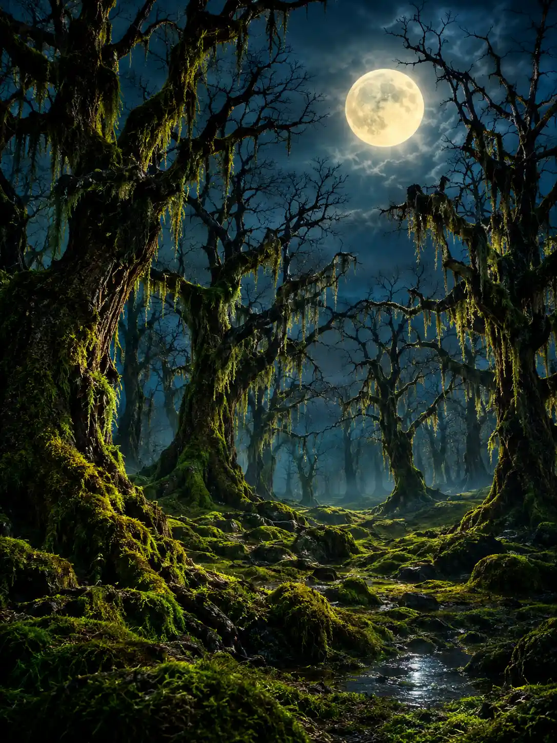 Leafless Trees with Hanging Moss Fill an Enchanted Forest Beneath the Full Moon