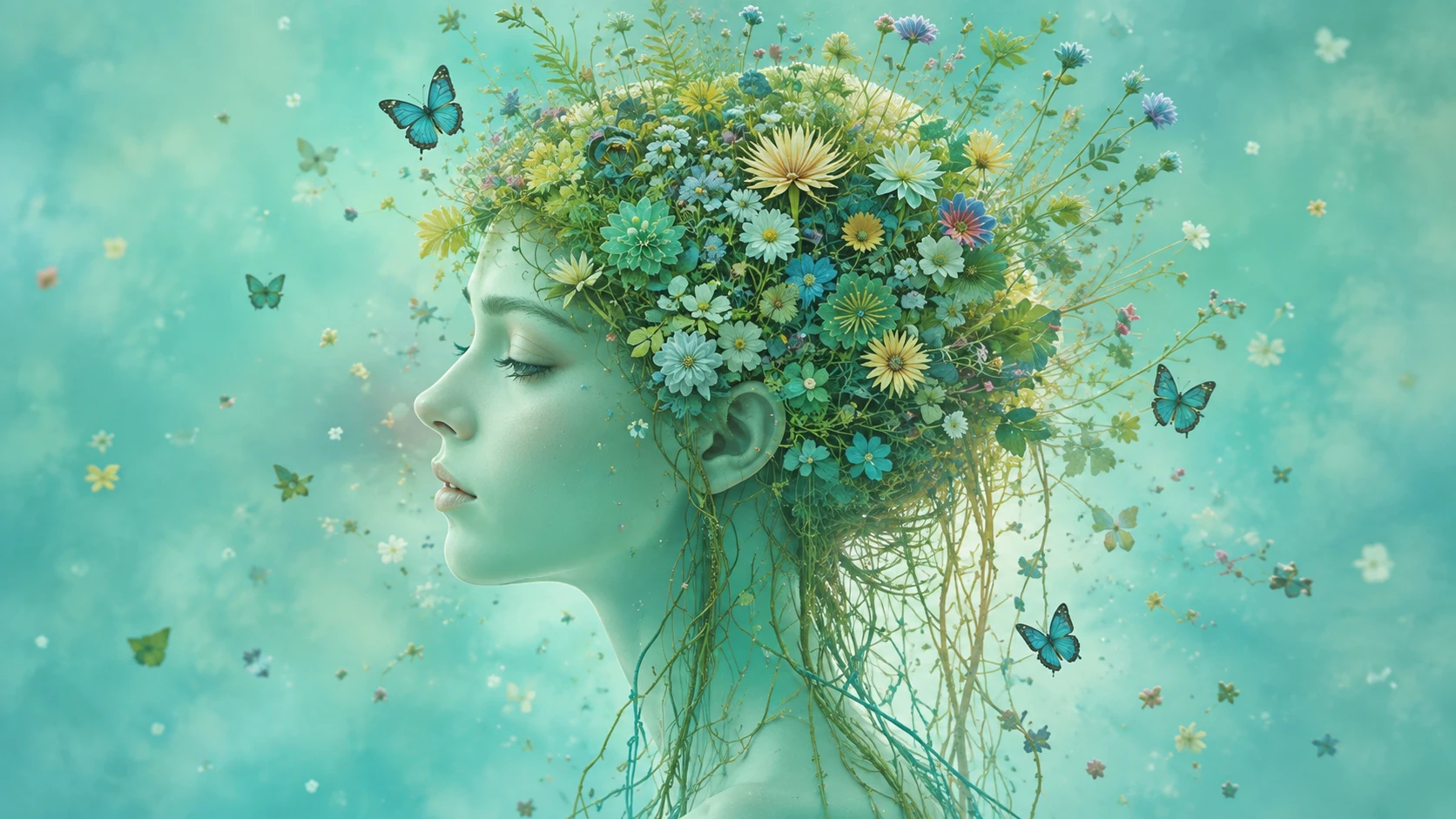 Una mujer serena rodeada de flores y mariposas en un retrato natural de ensueño