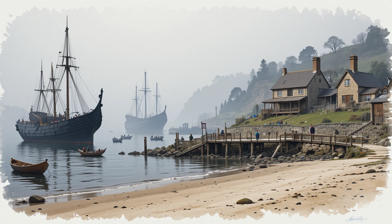 A quiet beach village framed by boats along the foggy shore