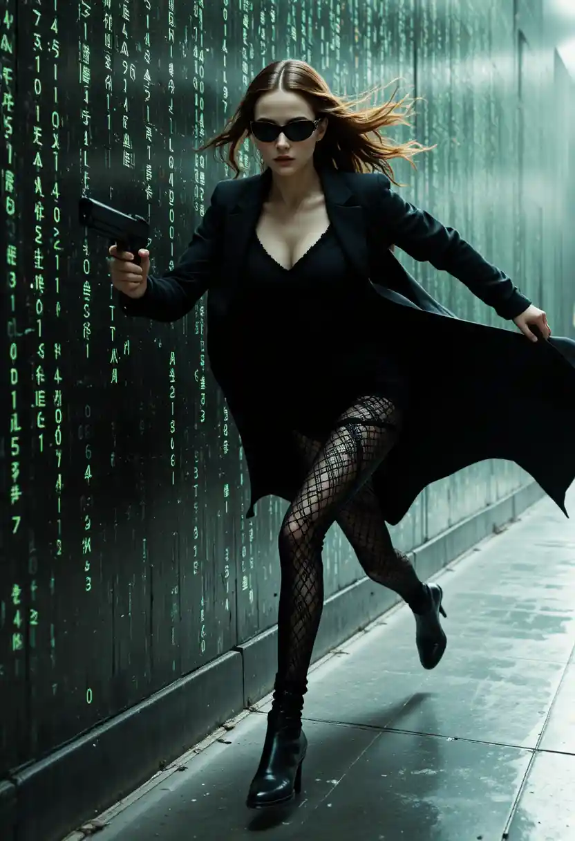 A woman runs horizontally along a wall covered in code