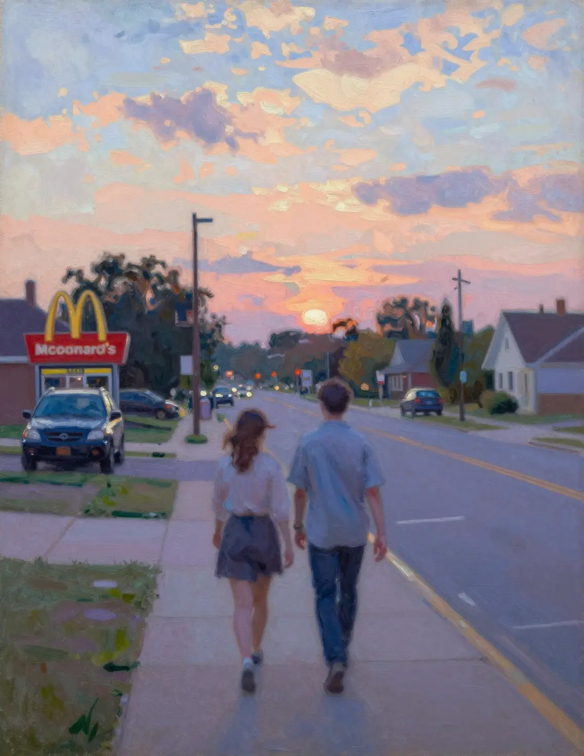 Two figures stroll along a suburban street near a McDonald’s drive-through