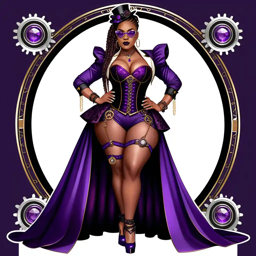Glamorous Steampunk Woman in Violet Attire with a Clockwork Raven