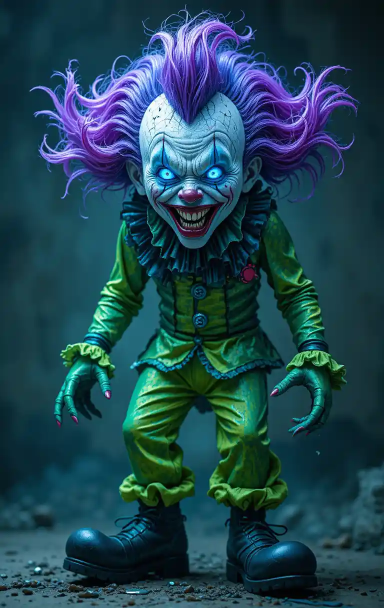 A twisted clown with purple and blue hair and a menacing sneer