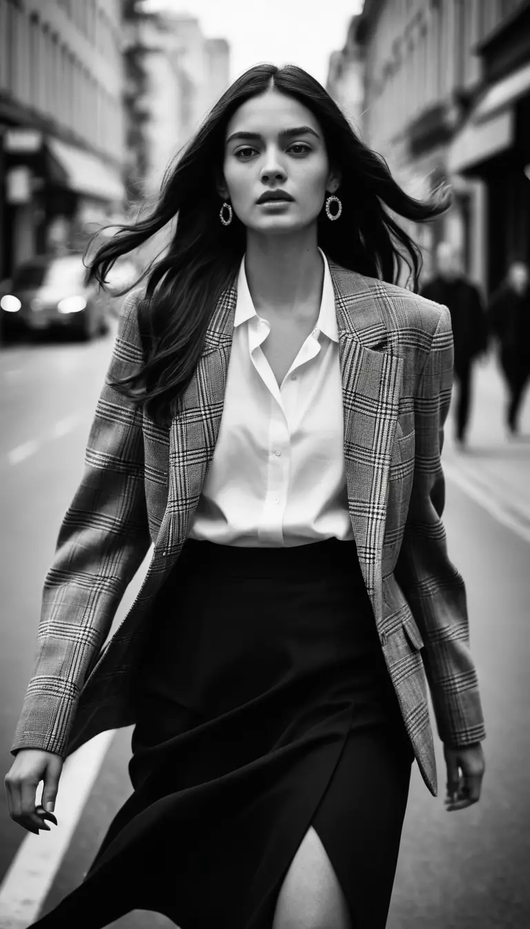 Une jeune femme se fraie un chemin dans la foule en ville, vêtue d'un blazer à carreaux