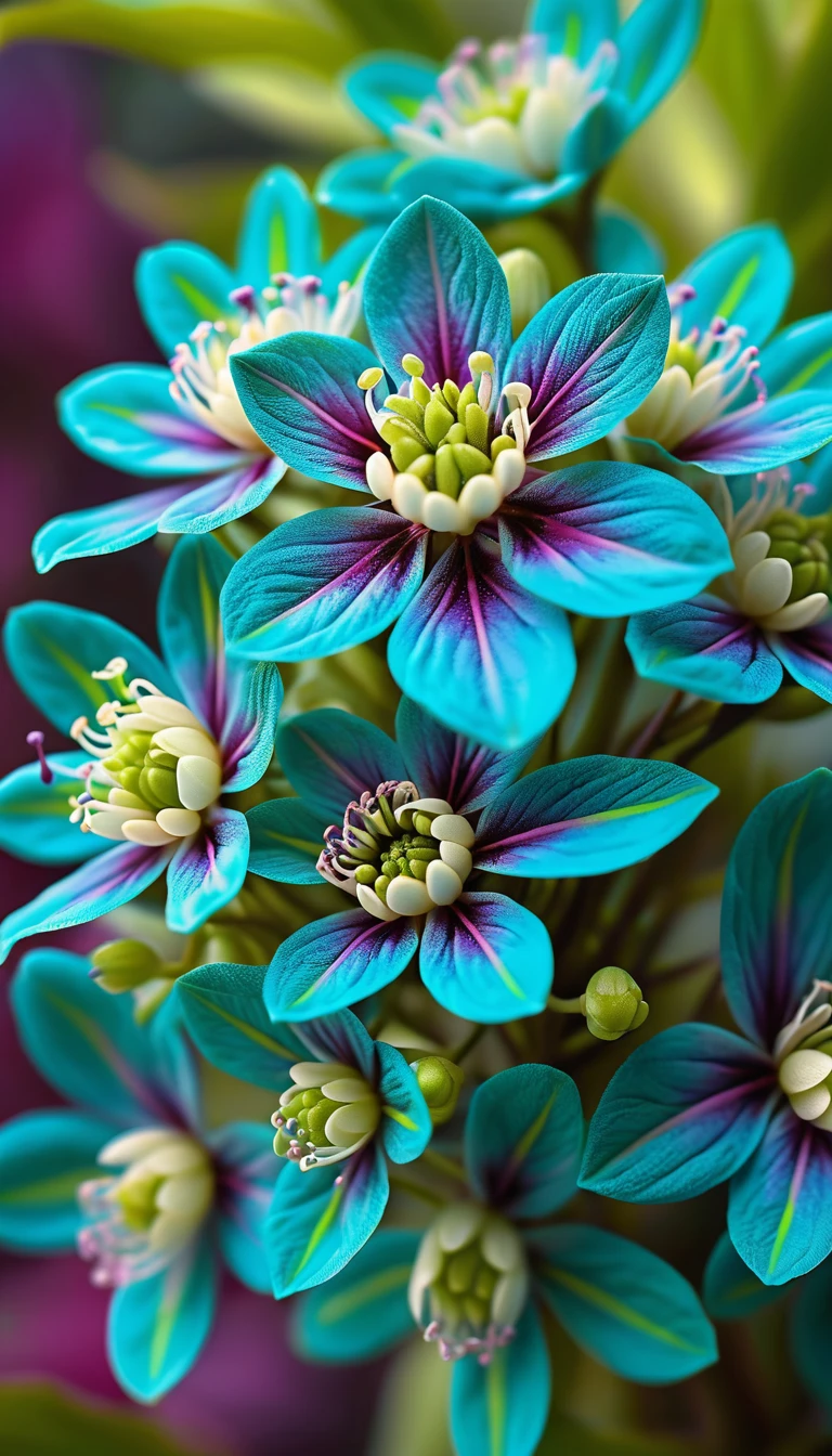 Un fiore ramificato ricoperto di fiori a spirale turchesi e viola