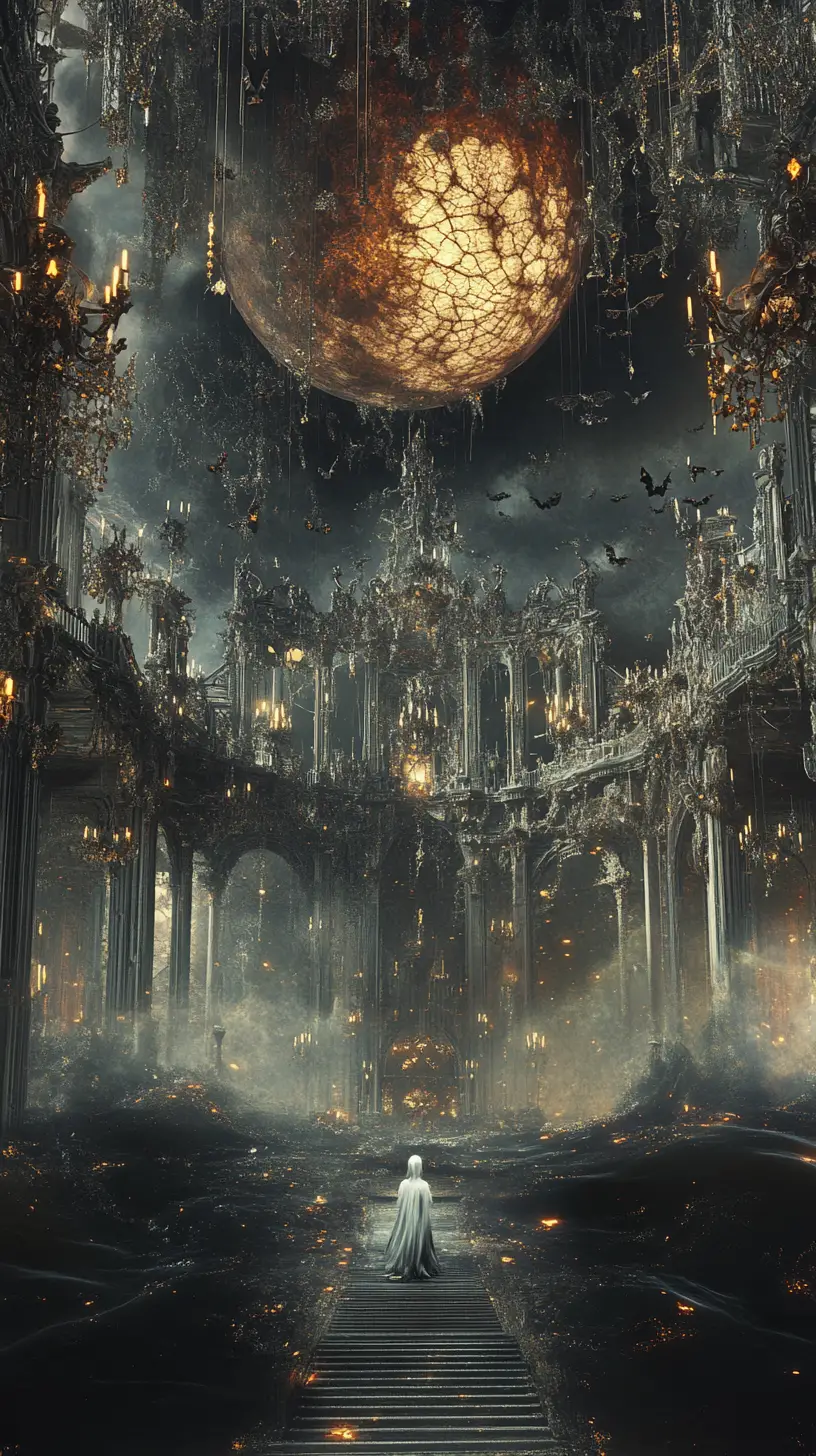 An upside-down Victorian ballroom floating above a black ocean