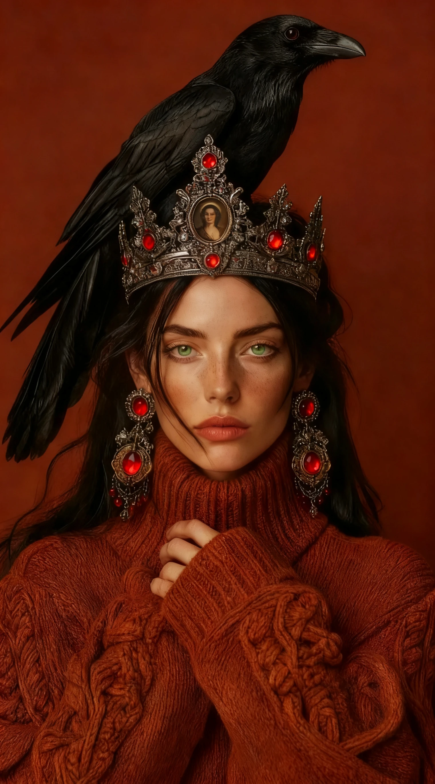 A crown decorated with red gemstones in a bright red hue