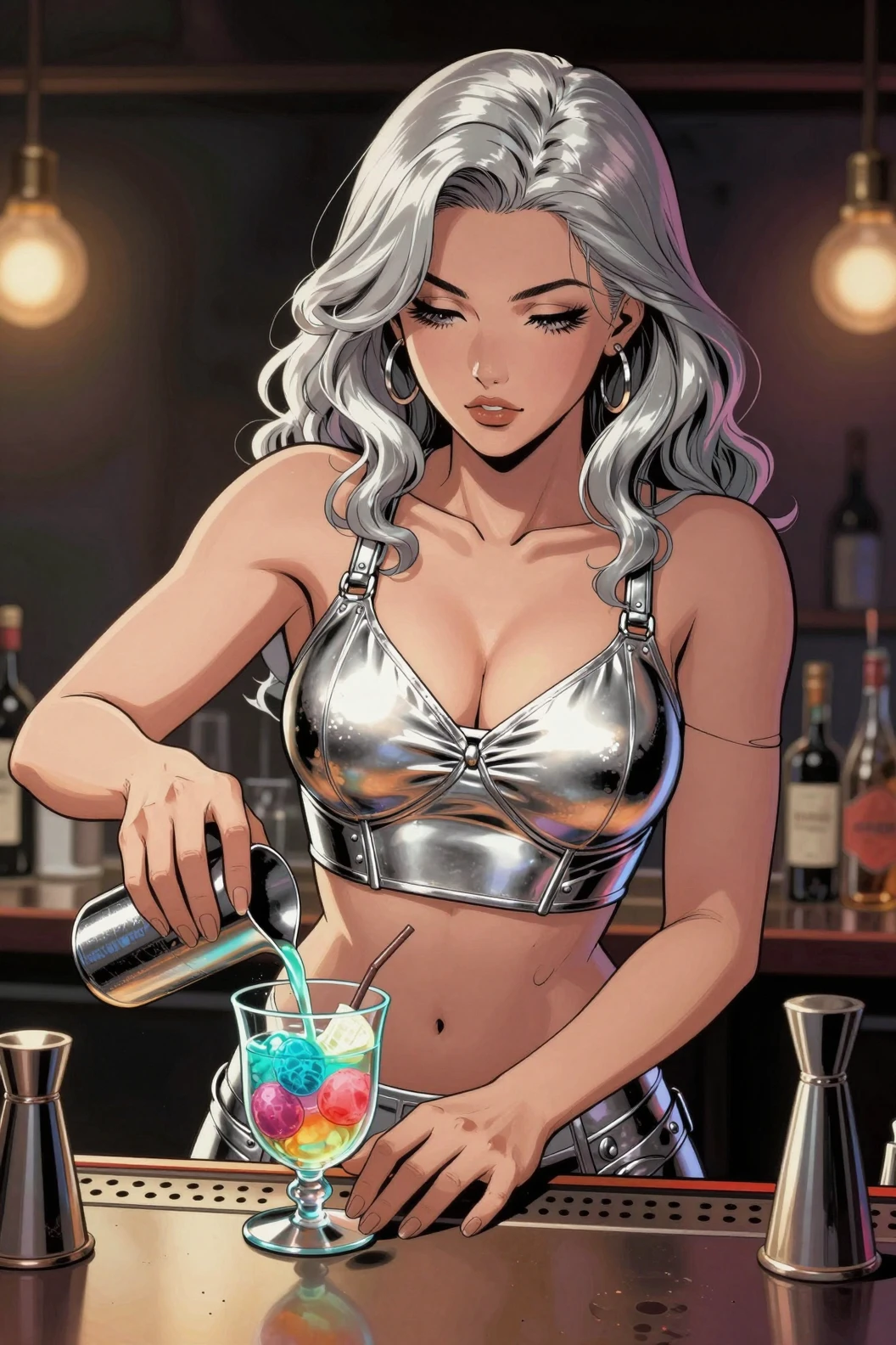 Ragazza anime prepara una bevanda futuristica dietro al bancone