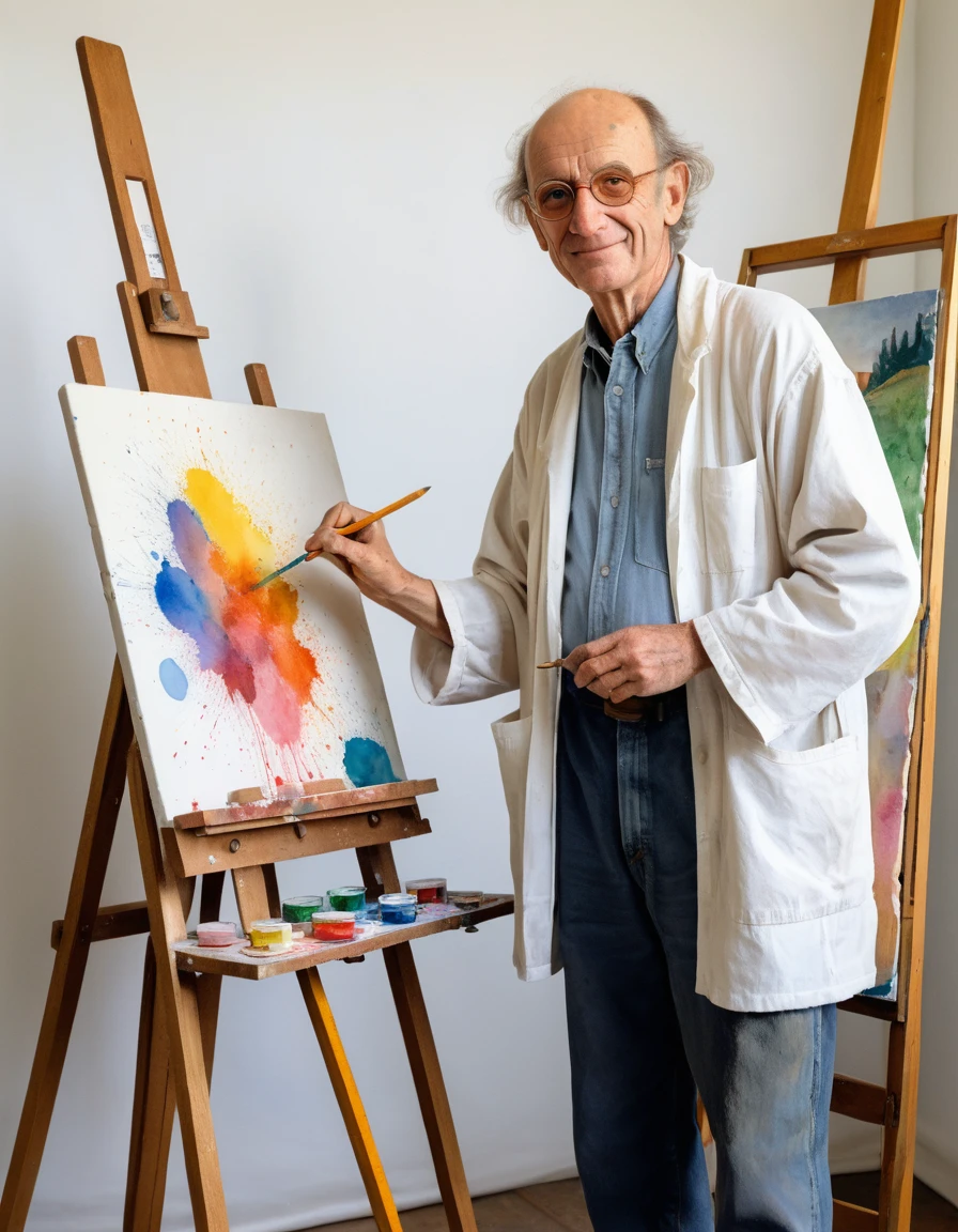 A cheerful painter at work in a sunlit artist's studio