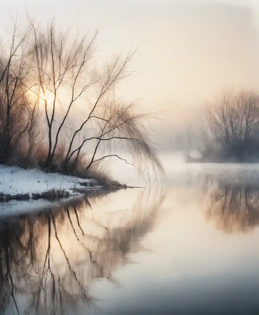 Watercolor sunrise over a calm lake in a snow-covered winter landscape