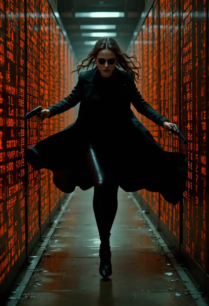 A woman runs along a code covered wall with pistols ready