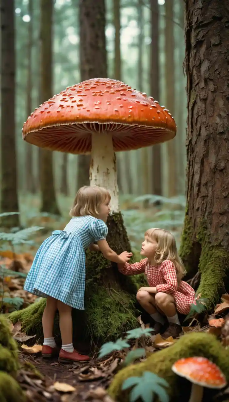 Tiny Children Gather Beneath a Colossal Red Mushroom in the Forest