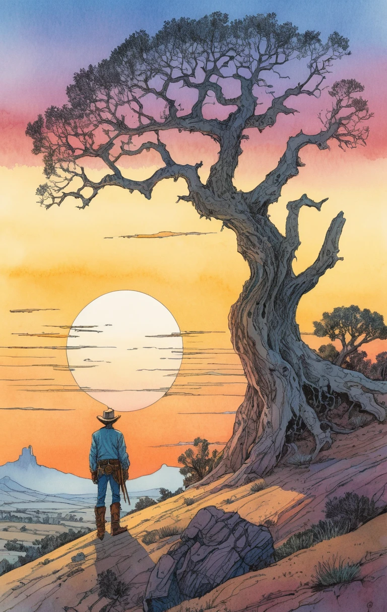 Un cow-boy se tient près d'un arbre noueux au coucher du soleil