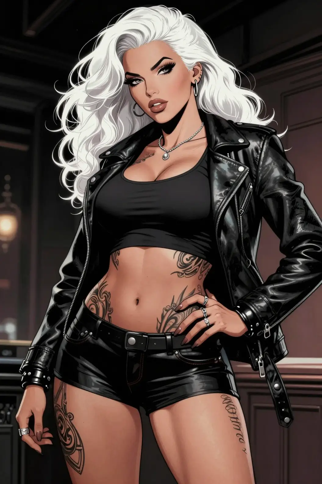 A glamorous woman in a black leather jacket and comic book style