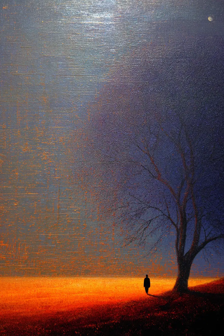 Un dipinto a olio surrealista e onirico in indaco, rosso-arancio e grigio cenere