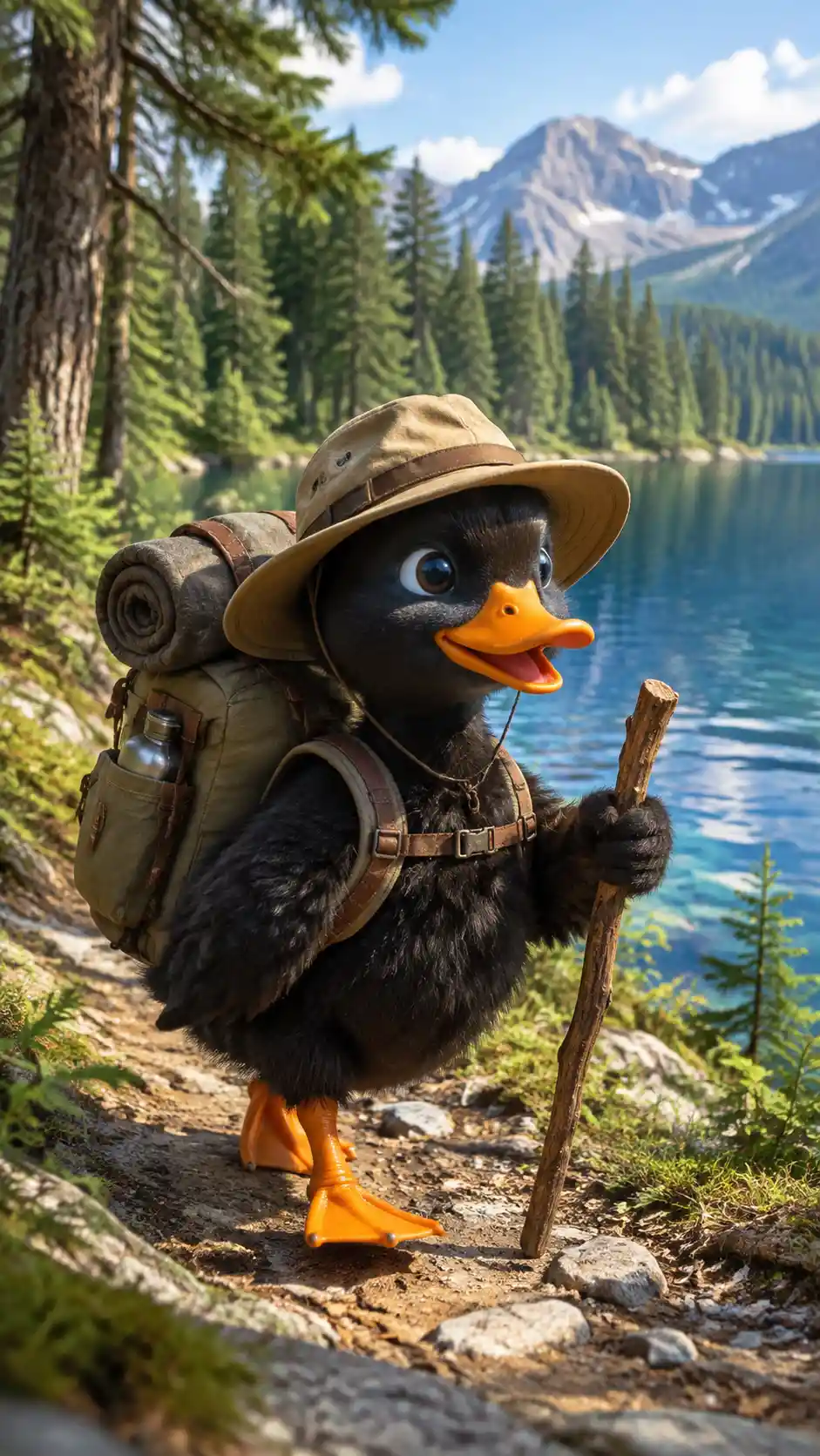 Un anatroccolo cammina con uno zaino in un bosco vicino a un lago