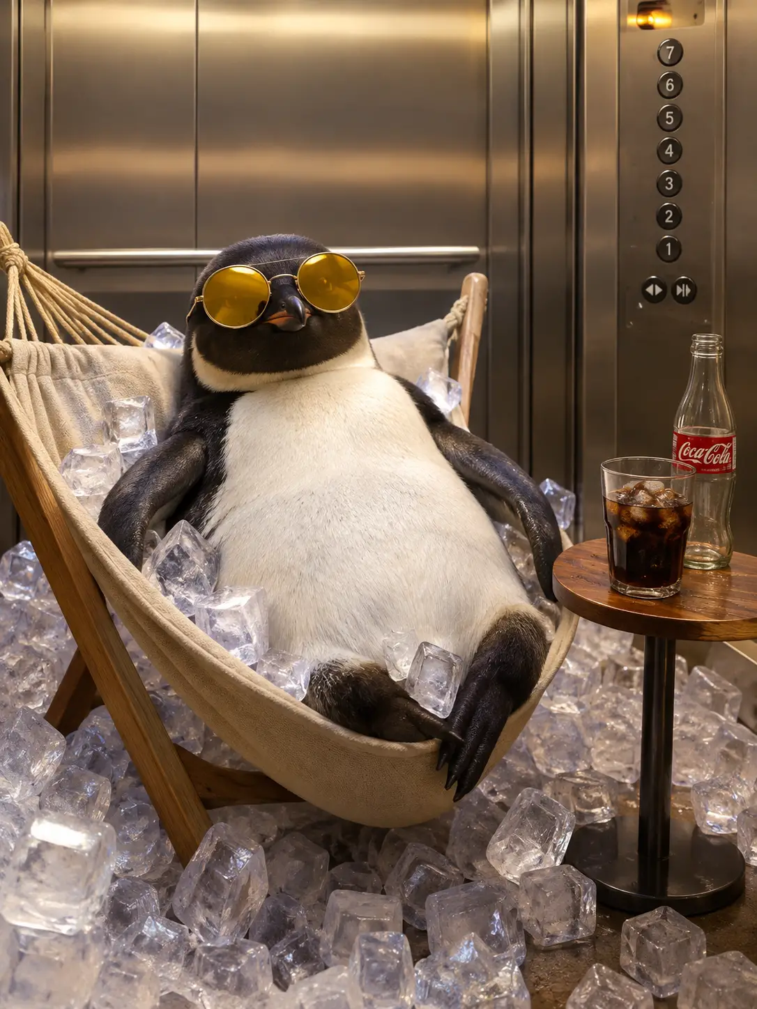 Um pinguim relaxa num elevador gelado usando óculos de sol redondos e amarelos