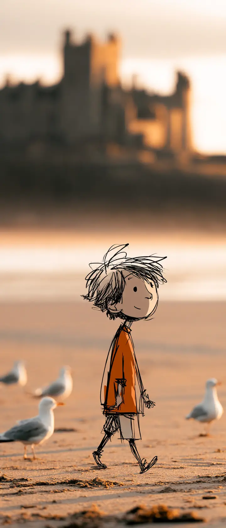 Un garçon dessiné à la main se promène sur une plage de sable dans la lumière dorée du soir